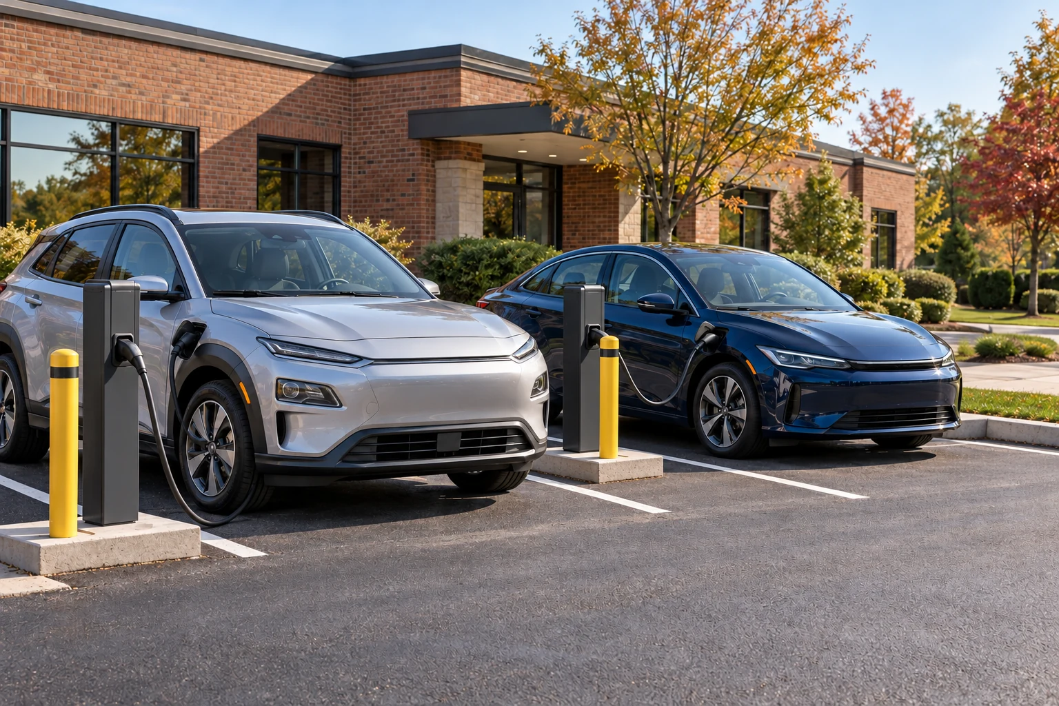 Illustrative shared parking area with Level 2 EV charging pedestals