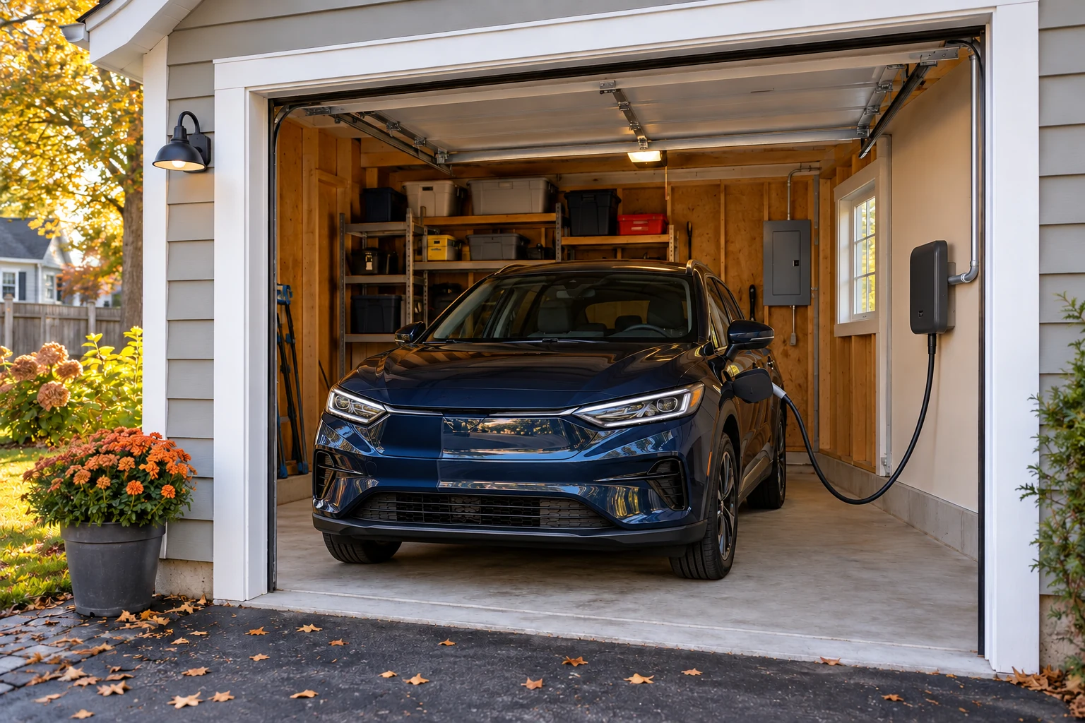 Illustration of a wall-mounted charger connected to an electric SUV inside a detached garage.
