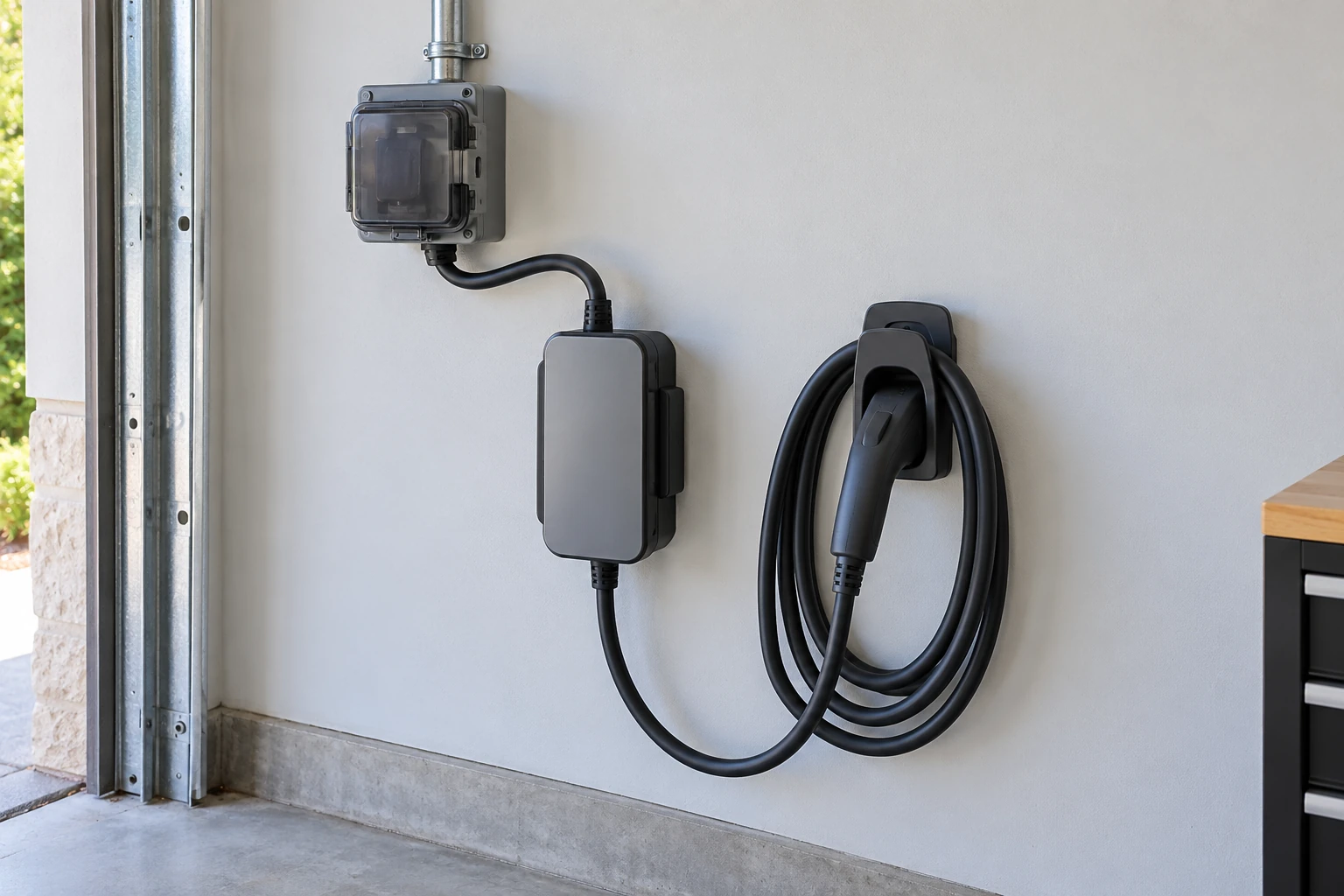 Illustration of a plug-connected EV charging unit supplied through a covered garage receptacle.