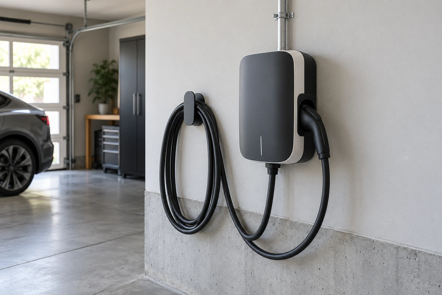 Illustration of a wall-mounted home EV charger with enclosed conduit and a neatly stored cable.