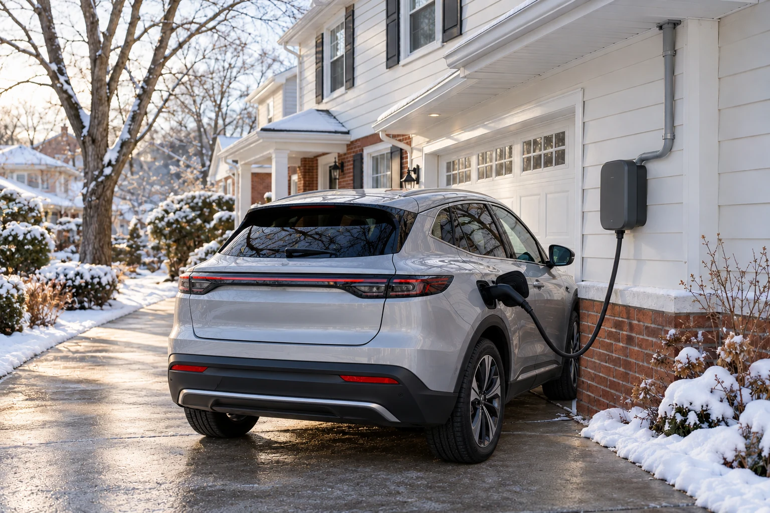 Illustration of an exterior wall charger connected to an electric SUV beside a cleared winter driveway.