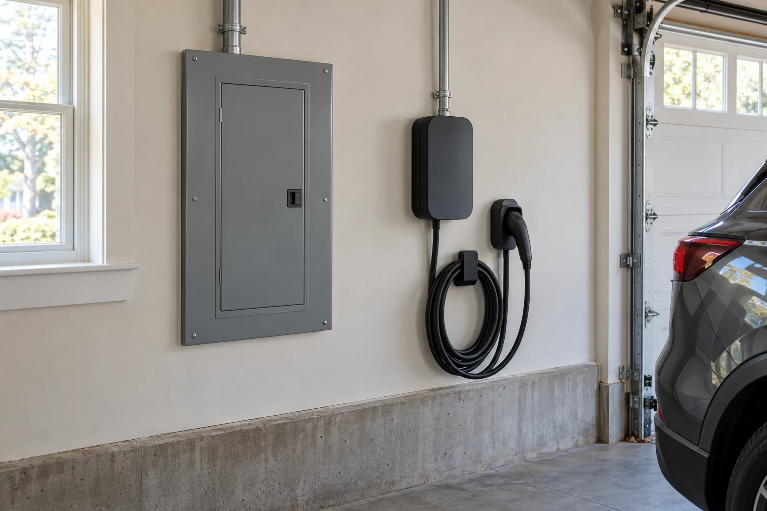 Illustration of a closed household electrical panel beside wall-mounted EV charging equipment.
