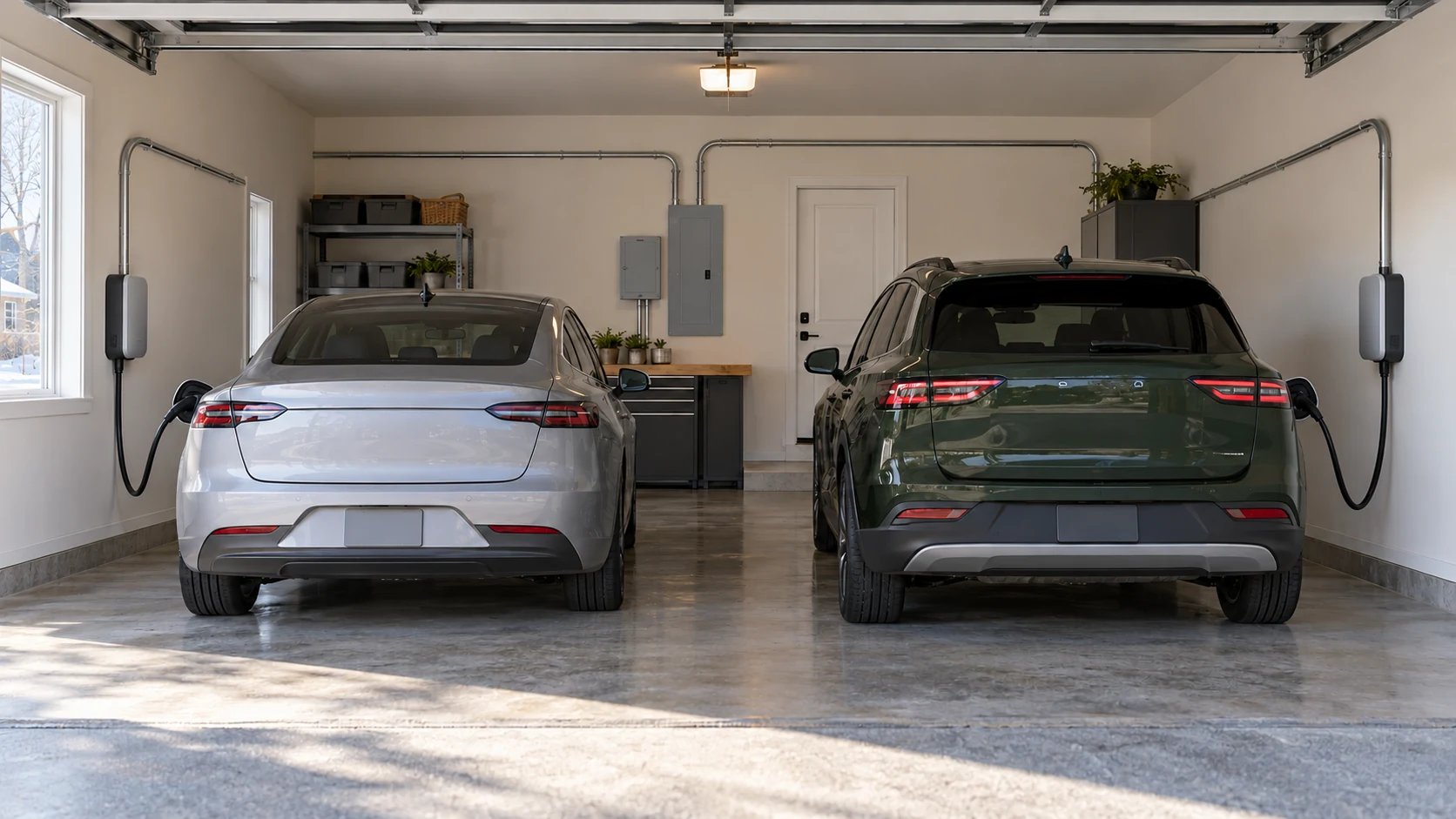 Illustration of two electric vehicles charging from separate wall chargers in a two-car garage.